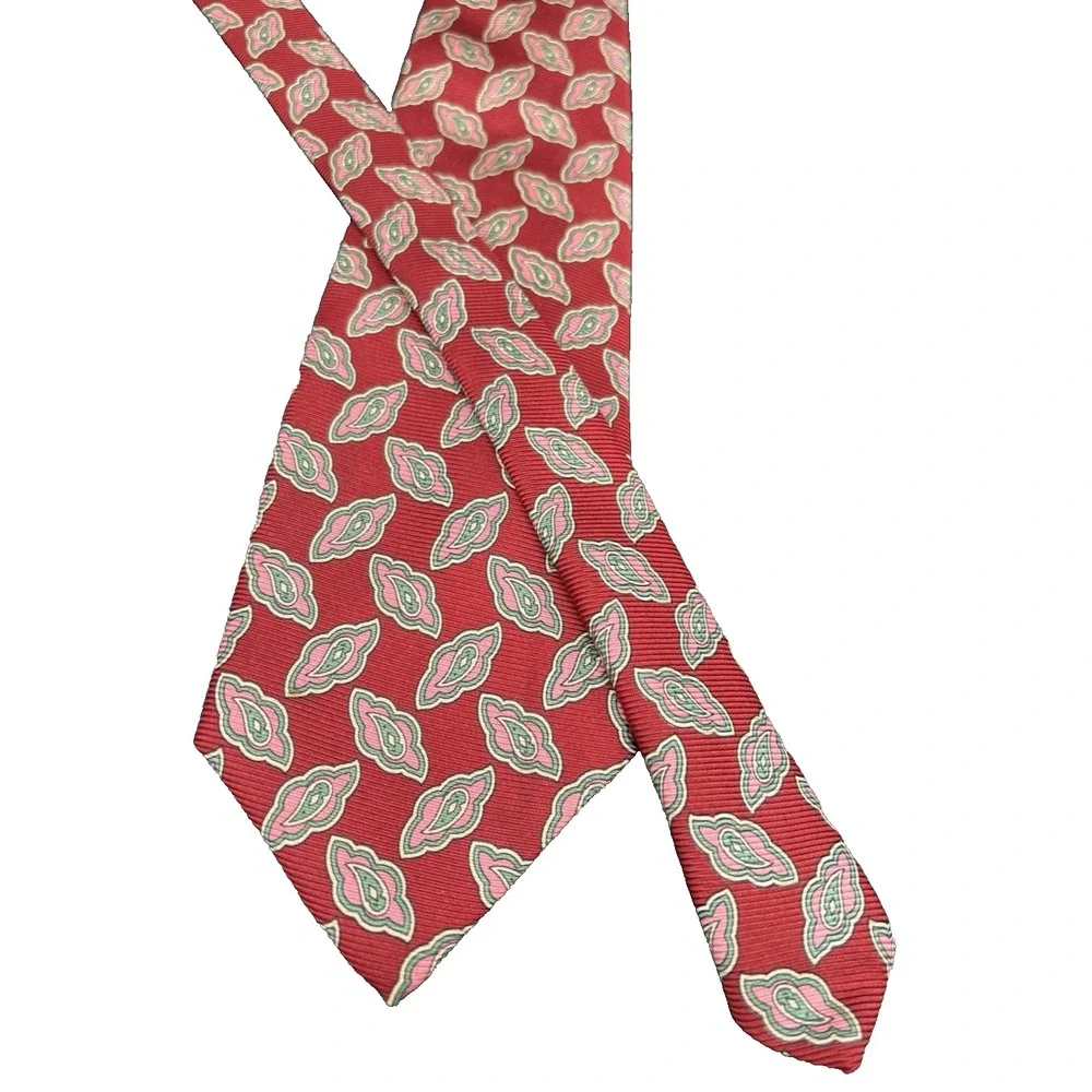 RALPH LAUREN REEP Tie Men's POLO 100% Silk Red Pink Luxury Geometric EUC